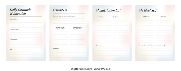 Set of printable gradient vector manifestation, affirmation, gratitude planner template set for journaling, self-reflection, self care, poster, shadow work, or coaching