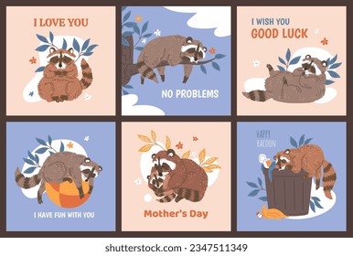 Juego de tarjetas de felicitación imprimibles con graciosas raccoons de ilustración plana vectorial. Cartas o afiches para festividades y postales con adorables mapaches y lemas.