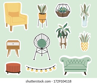 The set of printable interior furniture stickers. Perfect for planner books, decoration for laptop, cards. Made in Scandinavian style.  Hand drew vector illustrations. 
