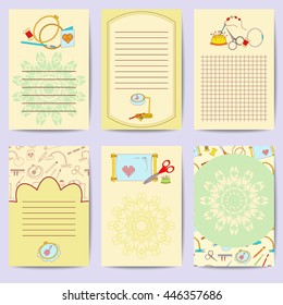 Set printable journal cards. Bright collection with embroidery tools. Stock vector illustrations of objects for embroider, handicraft, hand made. It can be used for planning, poster, scrapbook