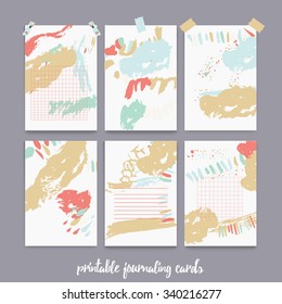 Set  of printable journal cards for scrapbook, planner, diary with ink grunge stains. EPS10