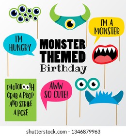 Set of printable Monster themed party photobooth props on a sticks. Vector elements. Speech bubbles, horns, shouting mouth, eyes and sign Grab a Prop. 