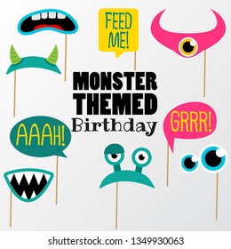 Set of printable Monster themed party photobooth props on a sticks. Vector elements. Speech bubbles, horns, shouting mouth, eyes. 