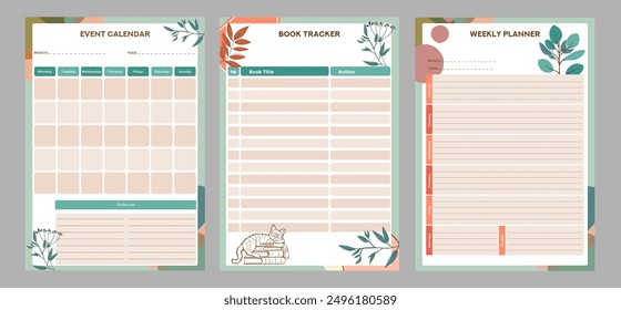 Conjunto de los planificadores mensuales, semanales y diarios imprimibles, rastreador de libros y lista de tareas. Las Plantillas minimalistas de páginas de planificador personal son buenas para la automotivación y organización. Ilustración plana de Vector.