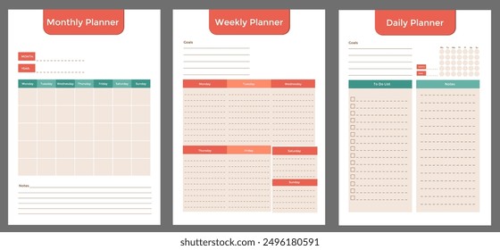 Conjunto de los planificadores mensuales, semanales y diarios imprimibles, rastreador de libros y lista de tareas. Las Plantillas minimalistas de páginas de planificador personal son buenas para la automotivación y organización. Ilustración plana de Vector.