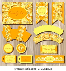 Set of printable packaging backgrounds to celebrate the party, birthday and wedding. Golden vector peacock feathers. Candy bar design
