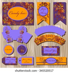 Set of printable packaging backgrounds to celebrate the party, birthday and wedding. Autumn wild grape branches with orange red leaves. Blue and orange vector illustration. Candy bar design.