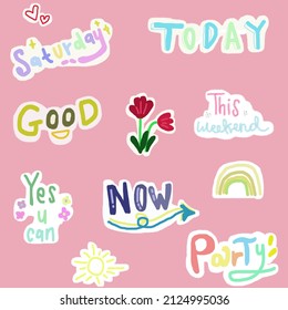 Set printable planner diary vector illustration. Cute sticker for decoration planner with hand lettering. Symbols, objects for scheduler or organizer