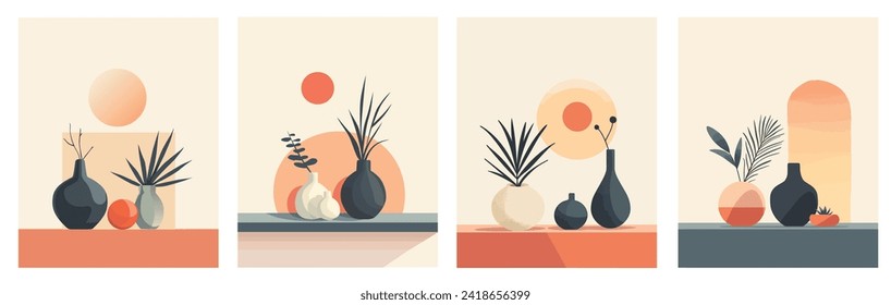 Set of Printable Poster Interior Decoration, Aestethic Vases, Minimalist Style for Wall Art in Warm Colors, Japandi Wall Art