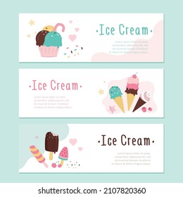 Set of printable posters. Cards with ice cream, template. Various ice-cream with sprinkles and berries. Balls different ice cream in cup. Colorful layout. Card with place for text. Vector illustration