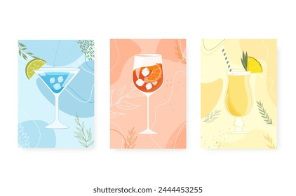 Set von druckbaren Postern von Cocktail-Illustrationen. Blaue Lagune, Aperol Spritz und Pina Colada.