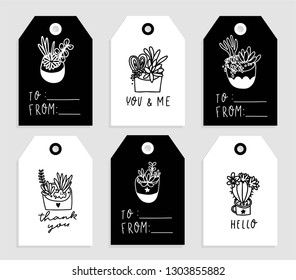Set of printable tags with cacti,succulents, leaves and lettering. Wedding concept. Floral poster, invite. Vector decorative greeting card, invitation design background 