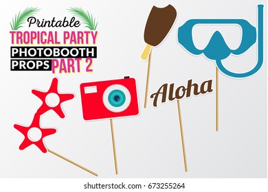 Set of printable tropical party photo booth props inspired by summer, sunshine and cruise vacations. Ice cream, camera, sunglass, Aloha, diving mask vector elements.