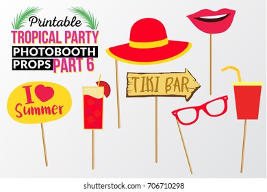 Set of printable tropical party photo booth props inspired by summer, sunshine and cruise vacations. Lips, sunglasses, juice, hat and sign i love summer, wooden sign tiki bar. Hawaii vector elements.