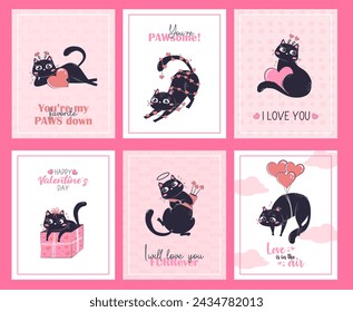 Set of printable valentine's day card templates with kawaii black cat in different poses with love messages and pun captions