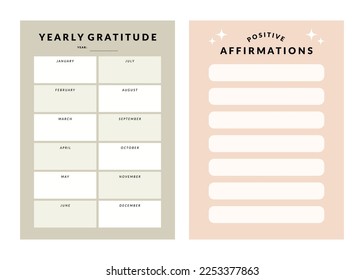 Set of printable vector gratitude planner template for manifestation plan and journaling