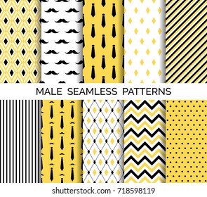 Set of printable vector male seamless patterns. Wrapping paper, wallpaper, fashion print design. Black and yellow neckties, mustaches, chevron