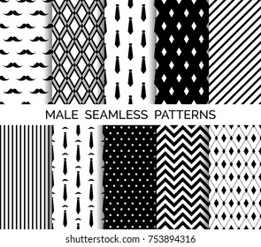 Set of printable vector male seamless patterns. Wrapping paper, wallpaper, fashion print design. Black and white backgrounds.  Neckties, mustaches, chevron