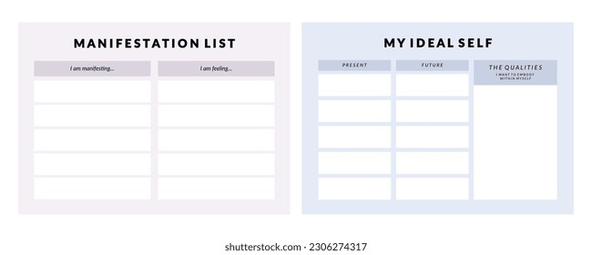 Set of printable vector manifestation, affirmation, gratitude planner template set for journaling, self-reflection, self care, shadow work, or coaching