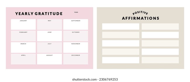 Set of printable vector manifestation, affirmation, gratitude planner template set for journaling, self-reflection, self care, shadow work, or coaching