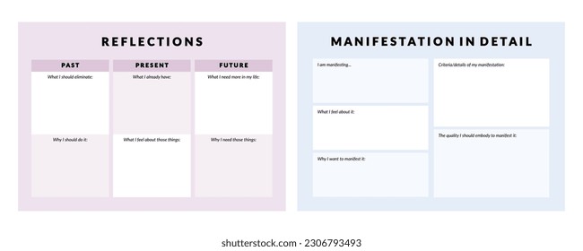 Set of printable vector manifestation, affirmation, gratitude planner template set for journaling, self-reflection, self care, shadow work, or coaching