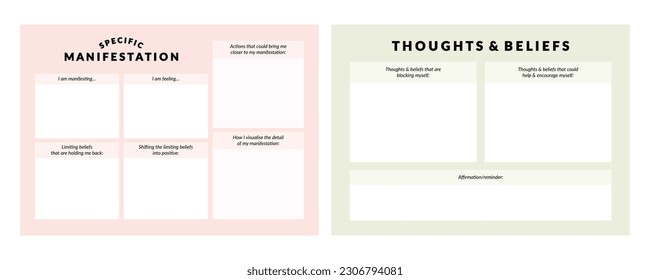 Set of printable vector manifestation, affirmation, gratitude planner template set for journaling, self-reflection, self care, poster, shadow work, or coaching