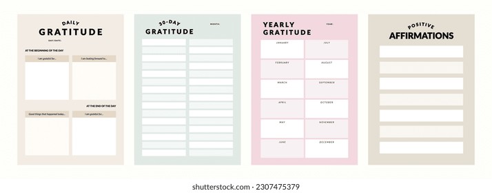 Set of printable vector manifestation, affirmation, gratitude planner template set for journaling, self-reflection, self care, poster, shadow work, or coaching