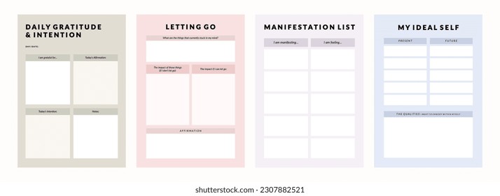 Set of printable vector manifestation, affirmation, gratitude planner template set for journaling, self-reflection, self care, poster, shadow work, or coaching