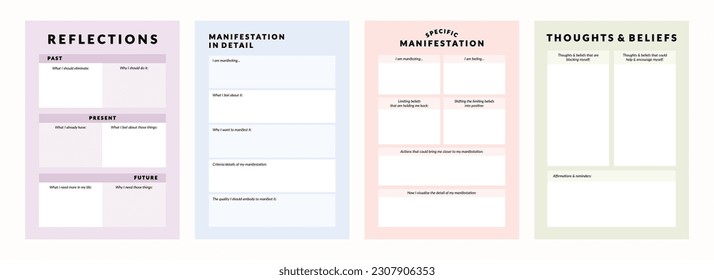 Conjunto de manifestaciones vectoriales imprimibles, afirmación, planeamiento de gratitud establecido para el diario, autorreflexión, autocuidado, afiche, trabajo en la sombra o entrenamiento