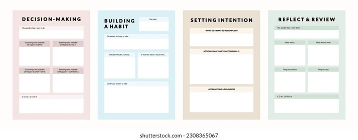 Set of printable vector manifestation, affirmation, gratitude planner template set for journaling, self-reflection, self care, poster, shadow work, or coaching