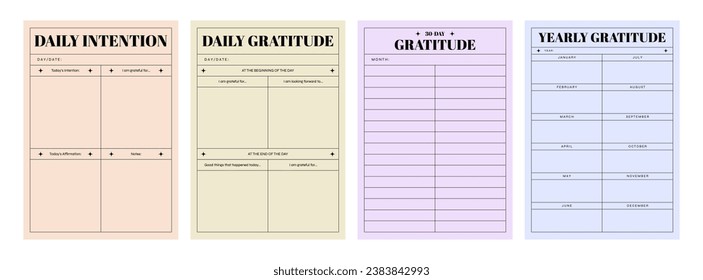 Set of printable vector manifestation, affirmation, gratitude planner template set for journaling, self-reflection, self care, poster, shadow work, or coaching