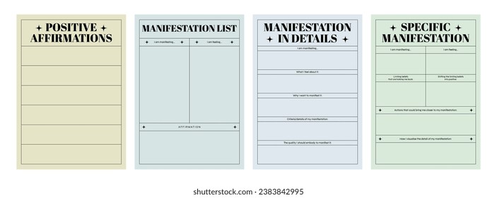 Set of printable vector manifestation, affirmation, gratitude planner template set for journaling, self-reflection, self care, poster, shadow work, or coaching