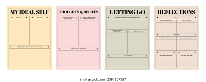 Set of printable vector manifestation, affirmation, gratitude planner template set for journaling, self-reflection, self care, poster, shadow work, or coaching