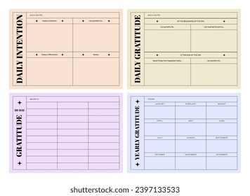 Set of printable vector manifestation, affirmation, gratitude planner template set for journaling, self-reflection, self care, poster, shadow work, or coaching