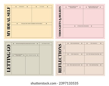 Set of printable vector manifestation, affirmation, gratitude planner template set for journaling, self-reflection, self care, poster, shadow work, or coaching