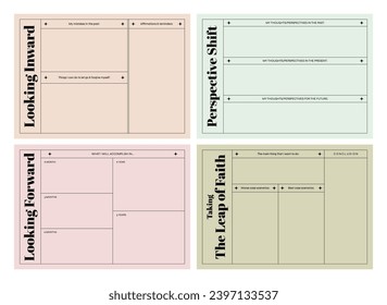 Set of printable vector manifestation, affirmation, gratitude planner template set for journaling, self-reflection, self care, poster, shadow work, or coaching