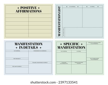 Set of printable vector manifestation, affirmation, gratitude planner template set for journaling, self-reflection, self care, poster, shadow work, or coaching