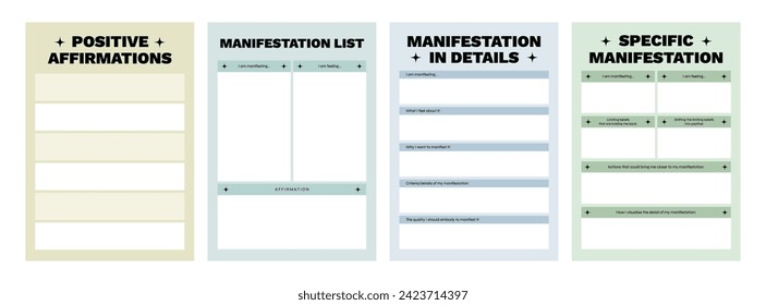 Set of printable vector manifestation, affirmation, gratitude planner template set for journaling, self-reflection, self care, poster, shadow work, or coaching