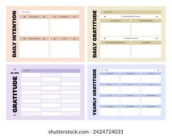 Set of printable vector manifestation, affirmation, gratitude planner template set for journaling, self-reflection, self care, poster, shadow work, or coaching