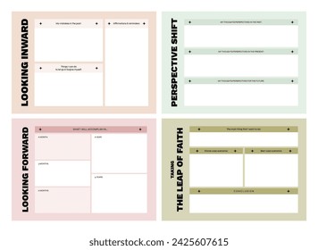 Set of printable vector manifestation, affirmation, gratitude planner template set for journaling, self-reflection, self care, poster, shadow work, or coaching