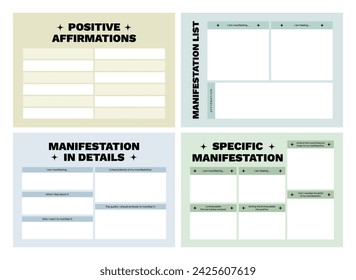 Set of printable vector manifestation, affirmation, gratitude planner template set for journaling, self-reflection, self care, poster, shadow work, or coaching