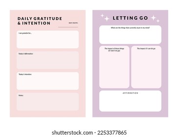 Set of printable vector manifestation and gratitude planner template for journaling