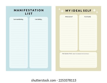 Set of printable vector manifestation and gratitude planner template for journaling