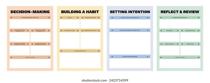 Set of printable vector manifestation planner, affirmation, gratitude planner template set for journaling, reflection, habit, intention, shadow work, or coaching