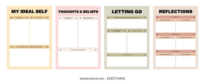 Set of printable vector manifestation planner, affirmation, gratitude planner template set for journaling, reflection, habit, intention, shadow work, or coaching