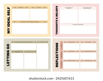 Set of printable vector manifestation planner, affirmation, gratitude planner template set for journaling, reflection, habit, intention, shadow work, or coaching