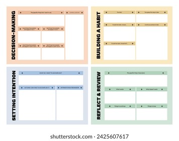 Conjunto de planificador de manifestaciones vectoriales imprimibles, plantilla de planificador de afirmación, gratitud, conjunto para el diario, la reflexión, el hábito, la intención, el trabajo en la sombra o el entrenamiento