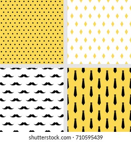 Set of printable vector seamless male patterns. Fashion backgrounds. Mustaches, neckties, polka dot