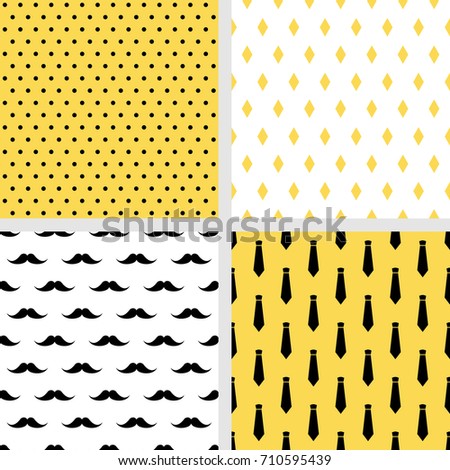 Set of printable vector seamless male patterns. Fashion backgrounds. Mustaches, neckties, polka dot