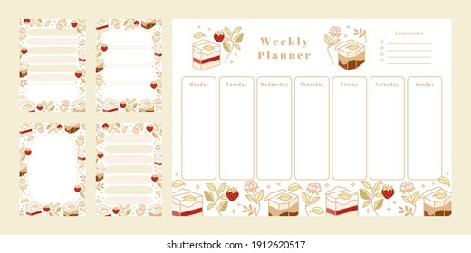 Set of printable weekly planner, notepad design, memo, school organizer, schedule, journal paper template, daily to do list with colorful cake, cute pastry, bakery element, strawberry and leaf branch 